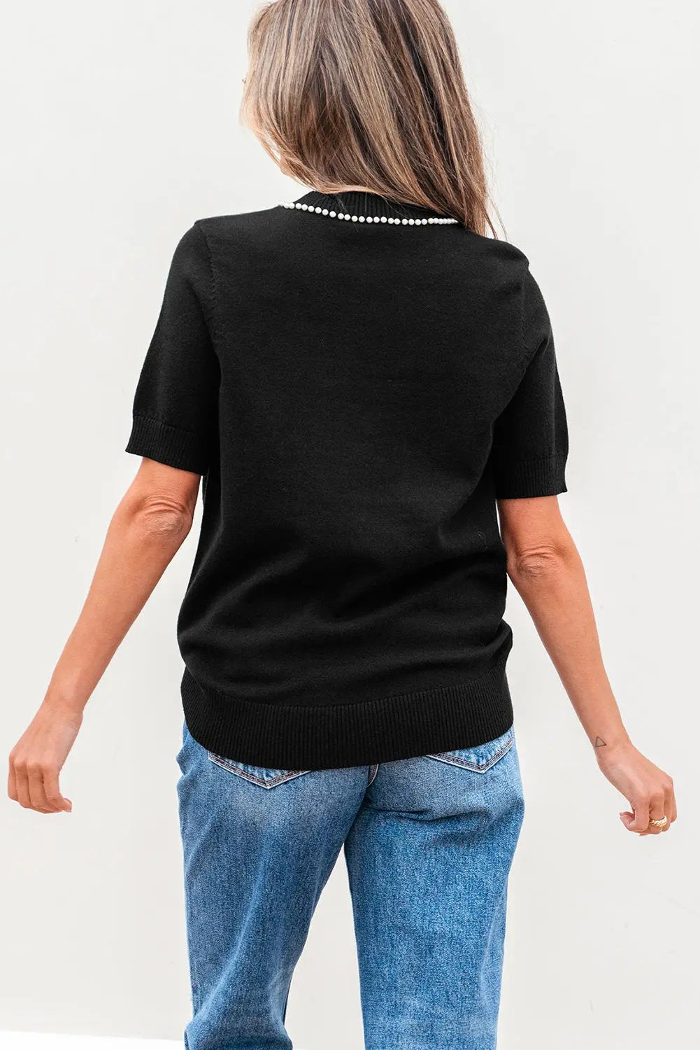 Bria Pearl Bow Short Sleeve Knitted Top for Women - Love Salve